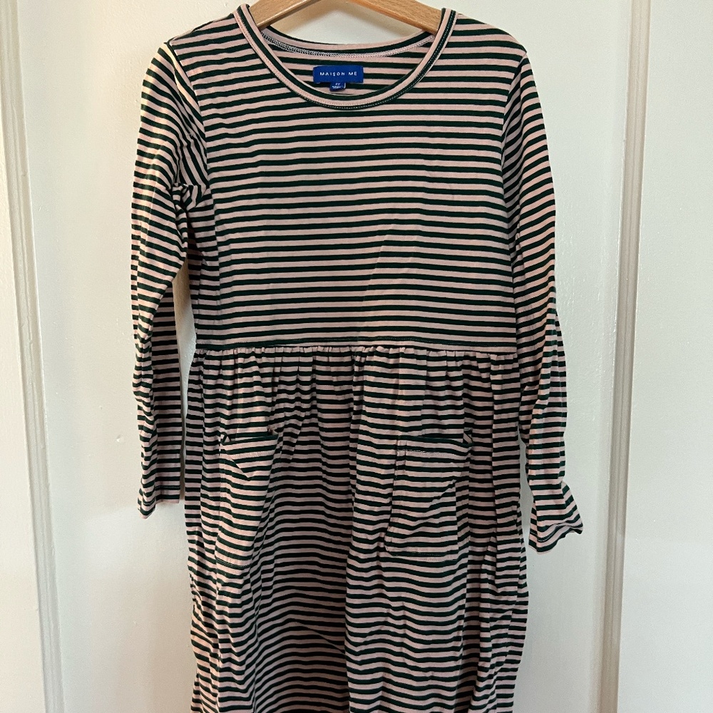 Maison Me striped dress with pockets. Pink and juniper green, size 8.